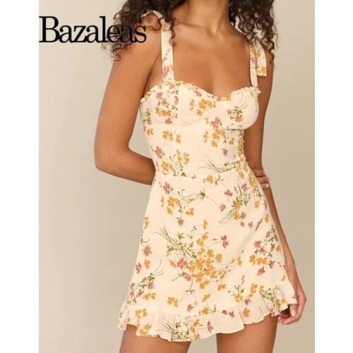 Bazaleas Summer Orange Floral Print Cream Vestidos Retro Ruffles Dresses Slim Vintage Adjust Spaghetti Straps Mini Dress