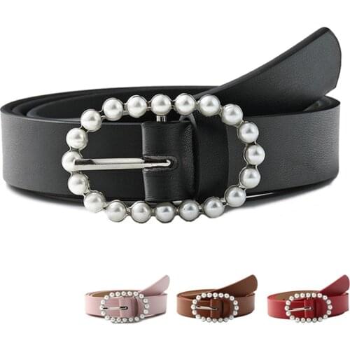 JNKET New Fashion Womens Imitation Pearls PU Leather Belt Pin Buckle Waist Belt Waistband Leisure Jeans Cinturon