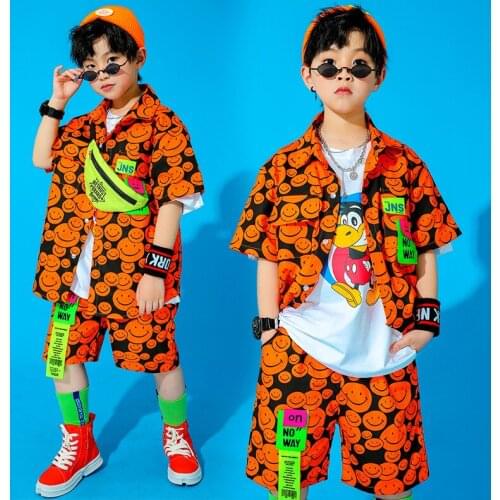 Boys Street Dance Girls Smile Face Shirt Hip Hop Loose Shorts Summer Cool Clothes Sets Kids Jazz Outfit Child Costume Streetwear