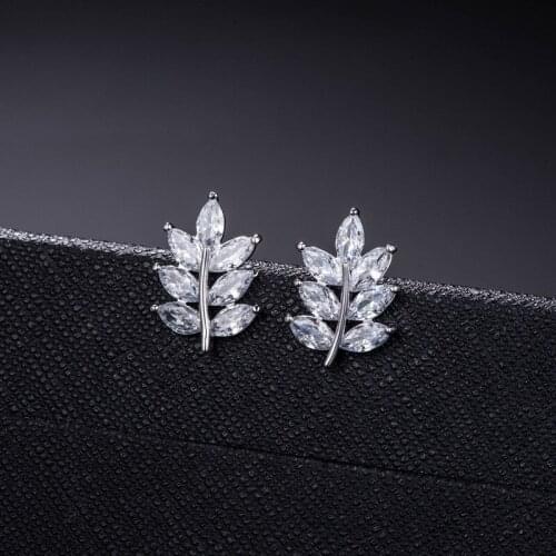 Luxury Female Small Leaf Tree Earrings Real 925 Sterling Silver Stud Earrings For Women Vintage Minimalist Wedding Earrings