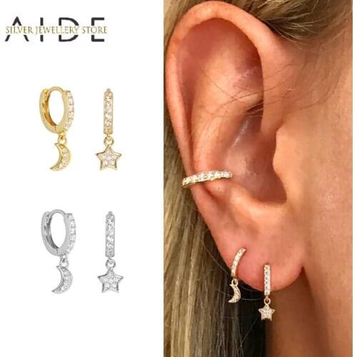 AIDE Asymmetric Hoop Earrings for Women INS Zircon Moon Star pendientes Pierced 925 Sterling Silver Earings Jewelry kolczyki