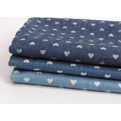Blue Denim Fabric Thin Cloth Floral Heart Printing Garment Fabric Diy Sewing Clothes Dress Soft Breathable