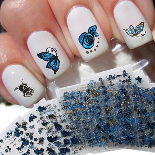 Random 2 Sheet 3D Water Decals Nail Art Stickers blue color butterfly flower design on Nails of Dandelions Stickers ManicureZ013