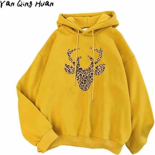 Plus Velvet Warm Sweatshirt Winter Womens Animal Print Harajuku Korean Loose Long Sleeve Top With Hoodie Sportswear