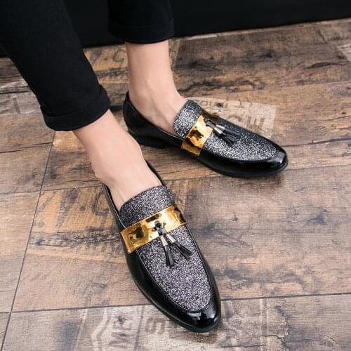 WEH Dress Shoes Leather Men Party shoes Black Golden Formal Tassel Wedding Men Loafers Moccasins Casuals Shoes plus sise 46 47