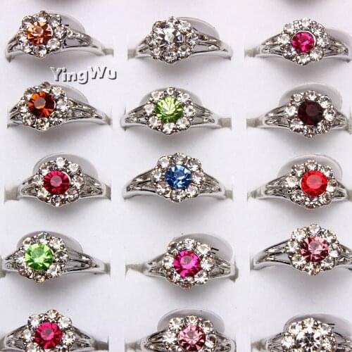 Yingwu Wholesale 50pcs Flower Jewelry Lots Mixed Crystal Rhinestone Womens Rings