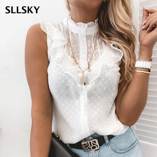 SLLSKY Summer White Ruffles Shirt Women 2021 Casual Sleeveless Chiffon Blouse Shirt Single Breasted Lady O-Neck Office Tops
