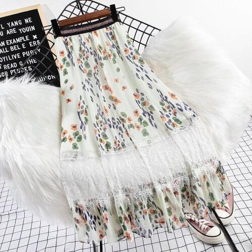 Chiffon Skirt Female Spring And Summer 2021 New Splicing Lace Hollow Printed Skirt Mid-Length Fashion High Waist Saias zh613