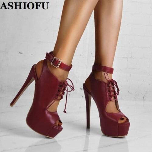 ASHIOFU 2020 New Real Photos Womens Super-heel Sandals Peep-toe Sexy Party Platform Shoes Cross-shoelace Evening Fashion Sandal