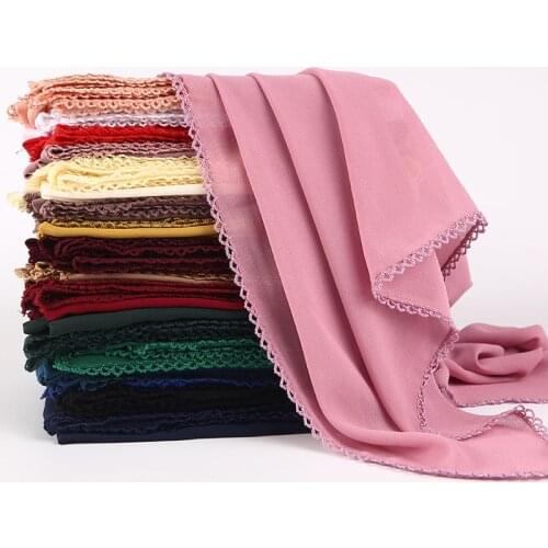 Women Lace Flower Edges Plain Chiffon Scarves Muslim Chiffon Hijabs Islamic Head Scarf Wraps Foulard Long Shawls Headscarf