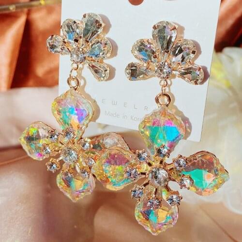 MENGJIQIAO Wholesale Korean Luxury Yellow Crystal Flower Drop Earrings For Women Girls Fashion Joker Jewelry Pendientes Brincos