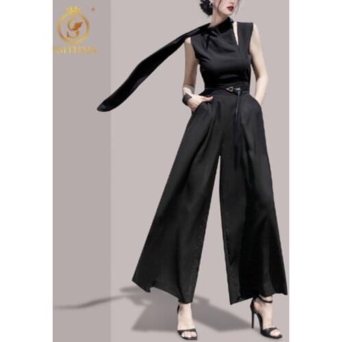 SMTHMA 2021 New Arrival Women Summer Sleeveless Jumpsuit Womens Wide Leg Jumpsuit With Belt Bodysuit Rompers