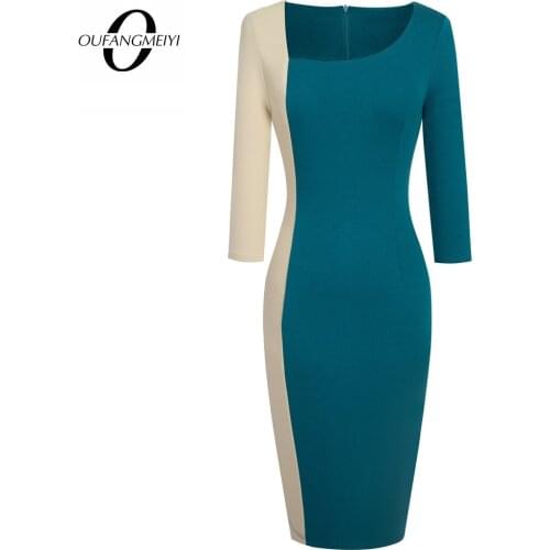 Women Vintage Elegant 3/4 Sleeve Irregular Neckline Contrast Color Patchwork Lady Bodycon Knee Length Dress 1EB546