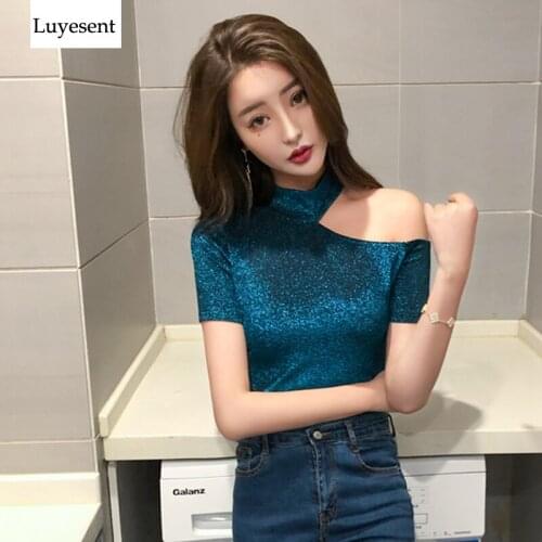 Shining Lurex Sexy Top Women One Side Off Shoulder Slim Stretch Summer T-shirt Female Asymmetry Bodycon T-shirts 2021 Basic Suit