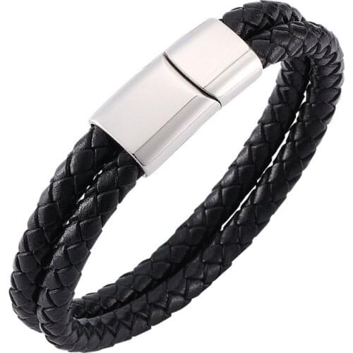 Double Layer Fashion Black Braided Leather Bracelet Men Trendy Stainless Steel Magnetic Clasp Women Jewelry Wrist Band Gifts