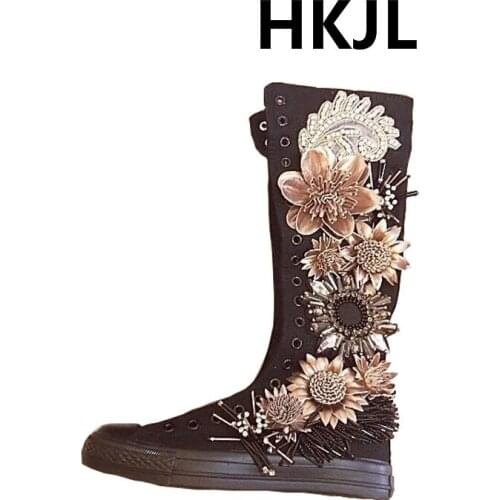 HKJL original custom heavy duty rhinestone tassel casual flat boots fashion three-dimensional flower super high canvas shoes
