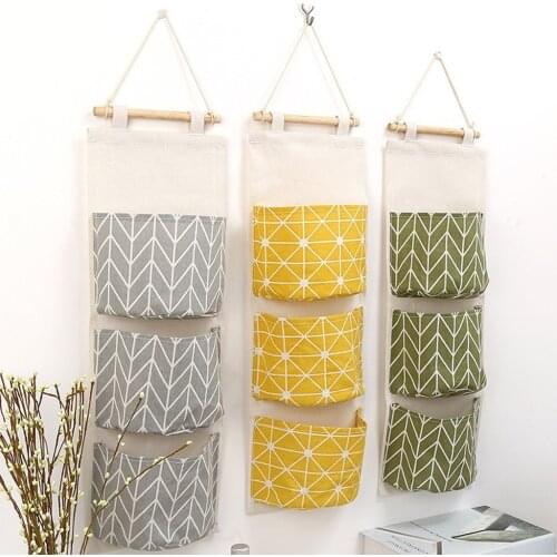 Cotton Linen 3 Grids Wall Hanging Storage Bag Save Space Home Storage Cloth Sundries Organizer Toys Container Decor Pocket