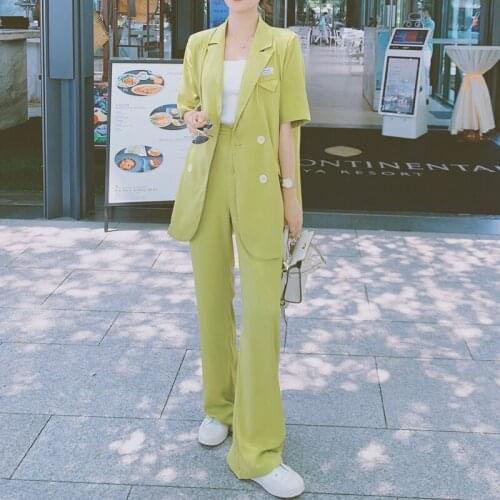 Summer Pants Suit Double Breasted Short Sleeve Blazer 2 Piece Top And Wide Leg Pants Women Sets Loose Casual Ladies Trousers Set
