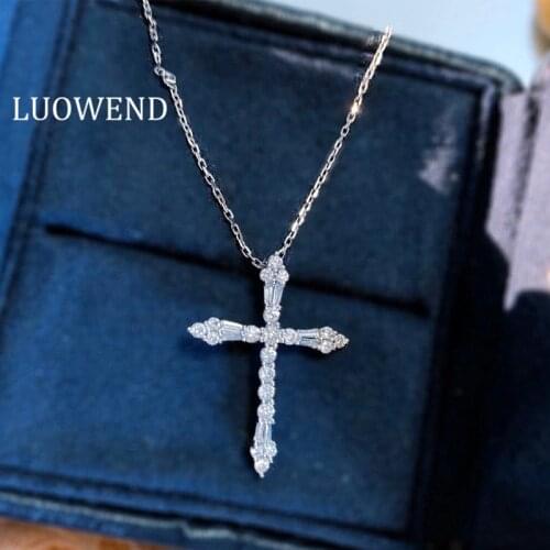 LUOWEND 100% Solid 18K White Gold Pendant Necklace Real Natural Diamond Jewelry Women Necklace Christian Cross Shape Pendant