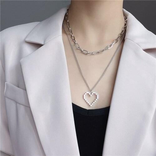 Fashion Korean Simple Silver Color Double Layer Chain Necklaces Trendy Hip hop Party Jewelry Heart Pendant Necklace For Women