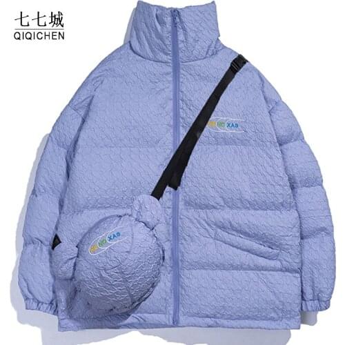 College Winter Parkas Men Women Cartoon Bear Backpack Folds Fabric Warm Thick Jacket Hip Hop Street Japanese Oversized Outwear