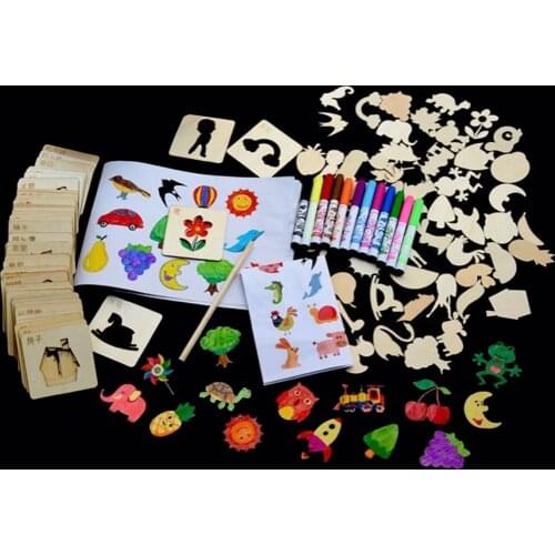 120PCS DIY Painting Drawing Set with Drawing Stencil Painting Brush Wood Chip Stencils Reference Drawing Pencil for Kids