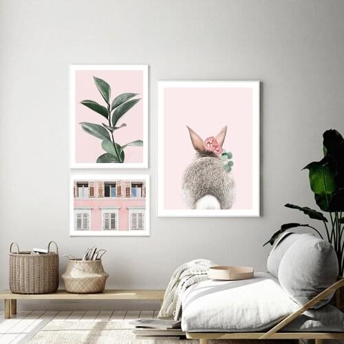 Pink Style House Canvas Poster Green Leaves Wall Art Print Modern Cute Rabbit Animal Painting Nordic Bedroom Decoration Picture