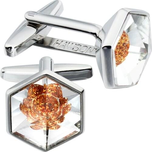 HAWSON Novelty Cuff links for Men with Dark Orange Crystal Flower Shape in Gift Box for Wedding Business Party