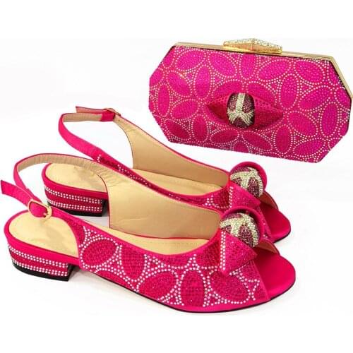 New Ladies Shoes And Bag Set Fuchsia Italian Design Women Sandals With Rhinestone Purse Handbag Sandalias CR123 Height 2.8CM