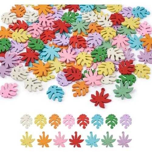 Pandahall 150pcs/set Leaf Shape Wood Pendants Charms Painted Poplar Mixed Color for Jewelry Making DIY Earring Bracelet Necklace