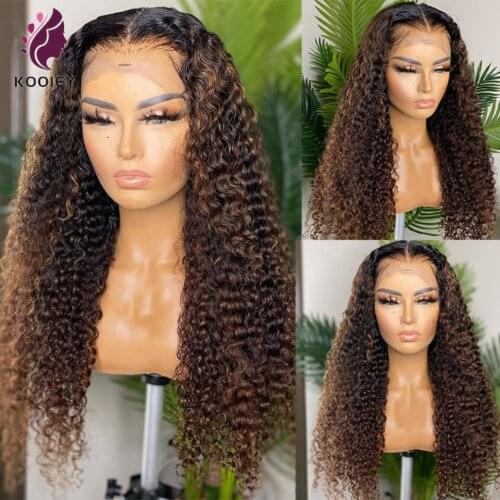 Ombre Human Hair Wig Dark Brown Lace Front Wig Kinky Curly Human Hair Wig Pre Plucked With Baby Hair Curly 4x4 Lace Closure Wigs