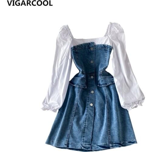 Casual stitching square neck denim Dress 2021 early spring new temperament fashion bubble sleeve slim fake two-piece denim Dress