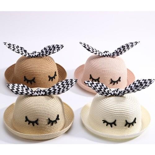2019 Rabbit Ear Sun Hats Kids Summer Straw Hat Baby Boys Girls Panama Beach Sunscreen Hat Flat Top Fedora