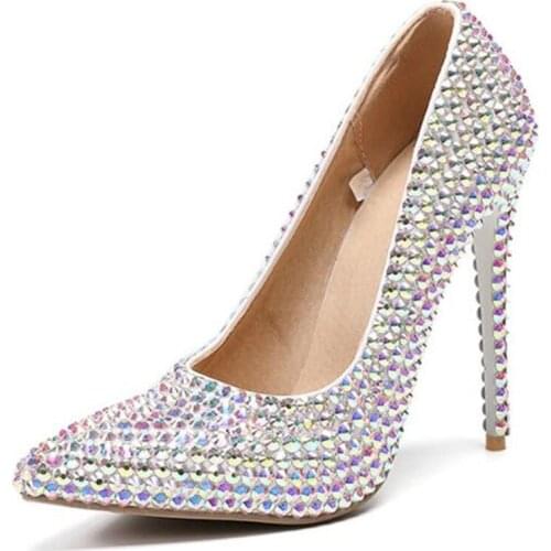 Brand Shoes Thin High Heels Pumps Sequined Cloth Slip On Pointed Toe Dress Office & Career Party Wedding Rhinestones Women Shoes