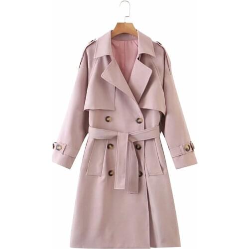 Women autumn Vogue pink long jackets outwear with belt Fad stylish lady double breasted loose coat streetwear femme veste