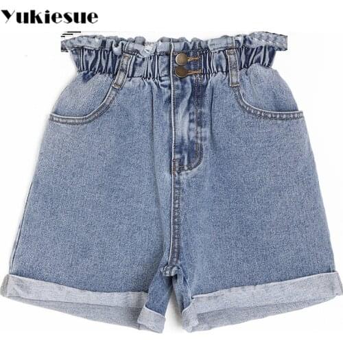 2020 Summer High Waist Denim Shorts Women Casual Loose Ladies Fashion Roll Up Hem Elastic Waist Pocket Blue White Jeans Female