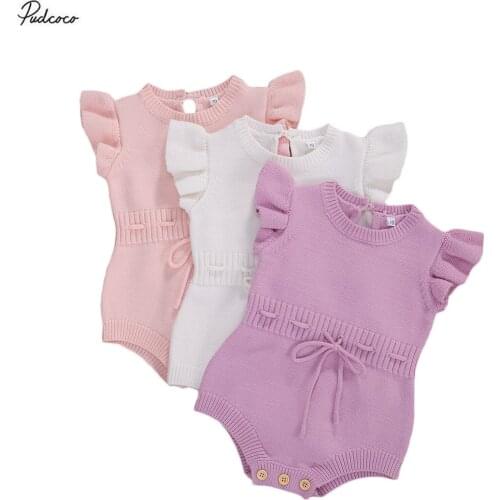 2020 Autumn Winter New 0-24M Infant Baby Girls Romper Knited Tops Solid Color Fly Sleeve Bandage Jumpsuit Soft One Piece Outfit