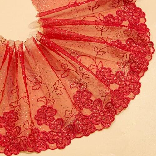 2Yds/lot 19CM wide polyester cotton red gold powder lace embroidery lace womens skirt net yarn fabric accessories AC34