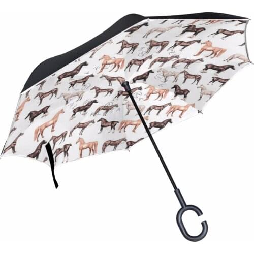 3D Vivid Horses Pattern Reverse Umbrella Double Layer Long Handle Inverted Umbrella High Quality Creative Fashion Customized