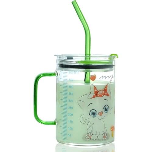 500MLChild Milk Coffee Tea Milk Glass Cup Scale style Heat-resistant Animals Cartoon Glass Cups for Hot Cold Drinks Lid straws