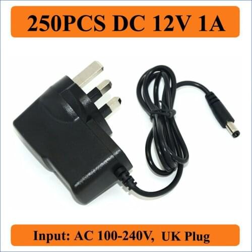 250PCS 12V 1A UK Plug AC/DC Adapter AC 100V-240V Converter Adapter DC 12V 1A 1000mA Power Charger Supply 5.5mm x 2.1-2.5mm
