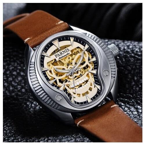 Parnis New 43mm Top Fashion Mens Watches Gold Skull Skeleton Luminous Dial Mechanical Automatic Sapphire 8N24 Movement Watch