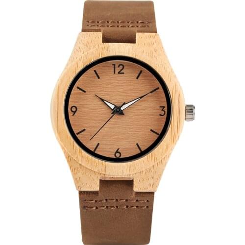 Watches Women Leather Band Bamboo Case Fashion Lady Wrist Watch Wooden Light Yellow Dial Modern Female Clock Gifts