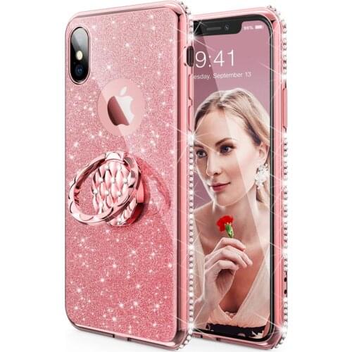 For iphone Case X 360 Degree Metal Diamond Finger Ring Holder Landyard Diamond Glitter Soft Corners Protection for Iphonex
