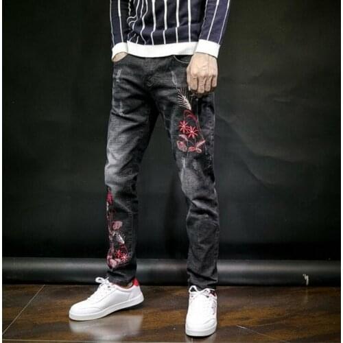 Cheap jeans men biker jeans men Elastic embroidery trousers male denim pants masculino motorcycle fashion designer