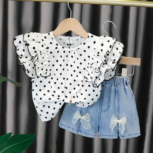 Baywell Toddler Girls Clothing Sets Summer Girl Polka Dot Top Denim Shorts Outfit Kids Fashion Suit Children Clothing