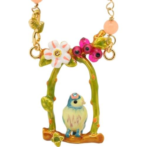 ENAMEL COLORED GLAZE BLUE TITS LOVE BIRD WHITE FLOWER BIRD CAGE SHORT NECKLACE FASHION PARTS