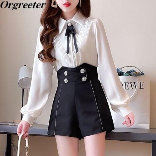 Preppy Style 2 Piece set 2021 Fall New Lace Ruffles Patchwork Chiffon Shirt Blouse +High Waist Nail drill Shorts Suits Outfits