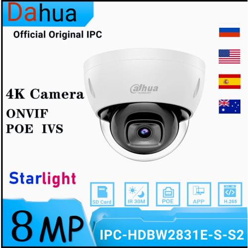 Dahua IPC-HDBW2831E-S-S2 8MP Lite IR Fixed-focal Dome Network Camera 30M IR H.265 SD Card Slot IVS IK10 IP67 CCTV IPC