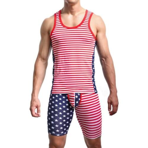 2PCS Men Clothes Set Sexy Mens Undershirts Tank Tops Sleeveless Summer Vest Tops Underwear Set Tight Long Boxers Sleepwear Suit